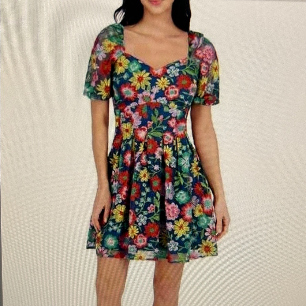 Kensie Embroidered Mesh Short Sleeve Dress Size 10 NWT Blue/Green Multi